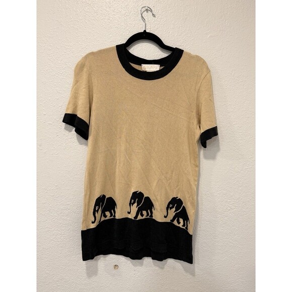 ESCADA WOOL BLEND KNIT Short Sleeve   IN BEIGE ELEPHANT THEME Size 40 10-12 - Picture 1 of 7